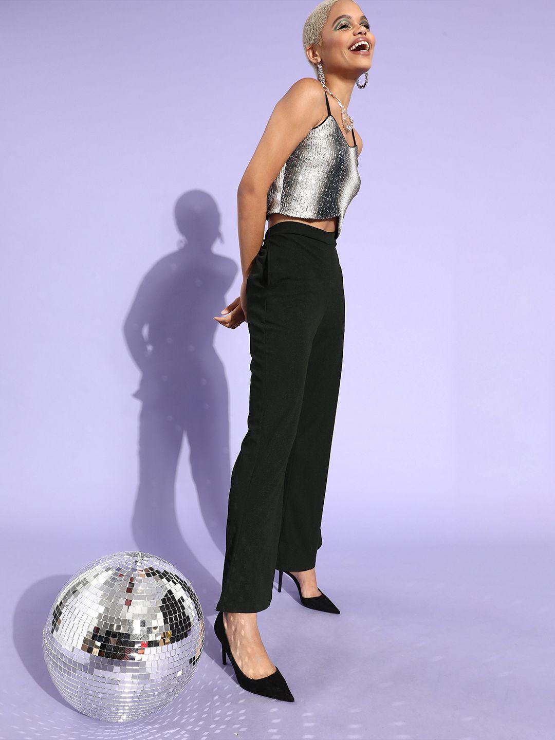 athena grey sequin crop top with black bootleg trousers co-ord set