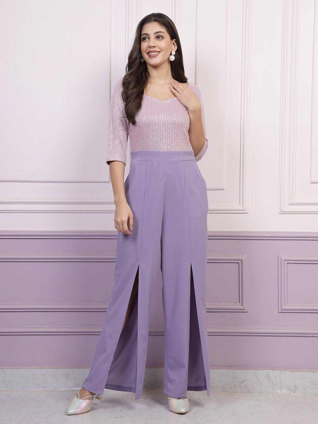 athena lavender embellished basic jumpsuit with high slit