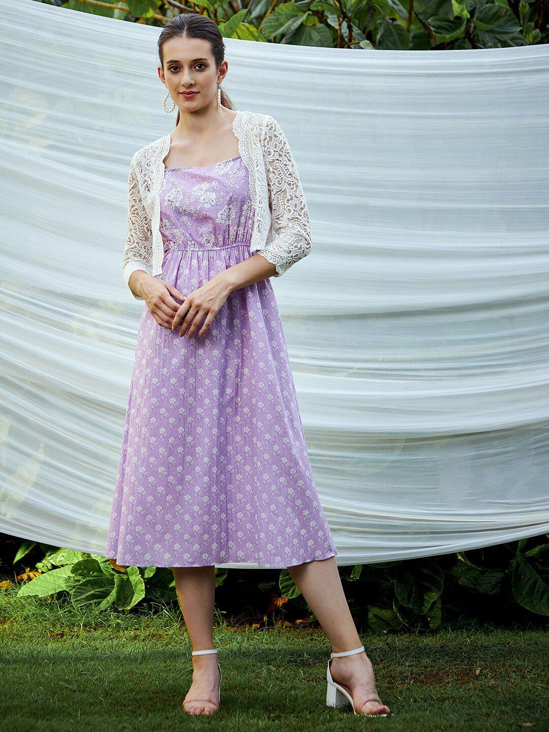 athena lavender floral cotton a-line midi dress with jjacket