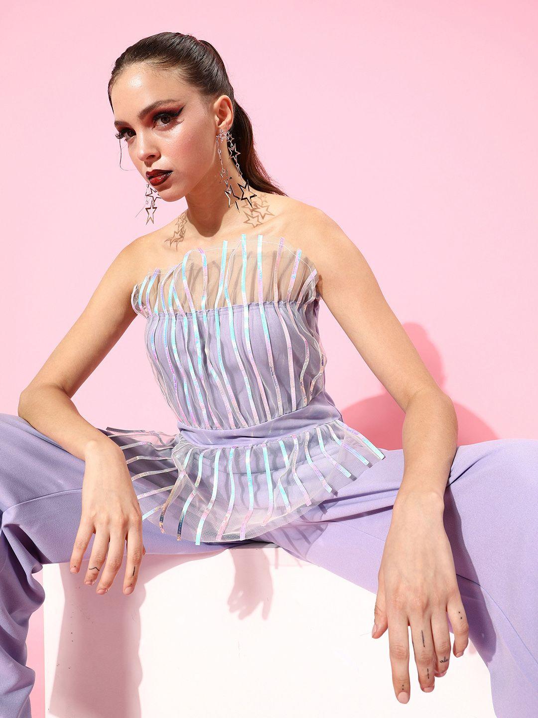 athena lavender strapless striped basic jumpsuit with embellished