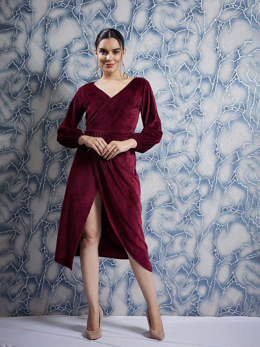 athena maroon v-neck long sleeves gathered wrap midi dress