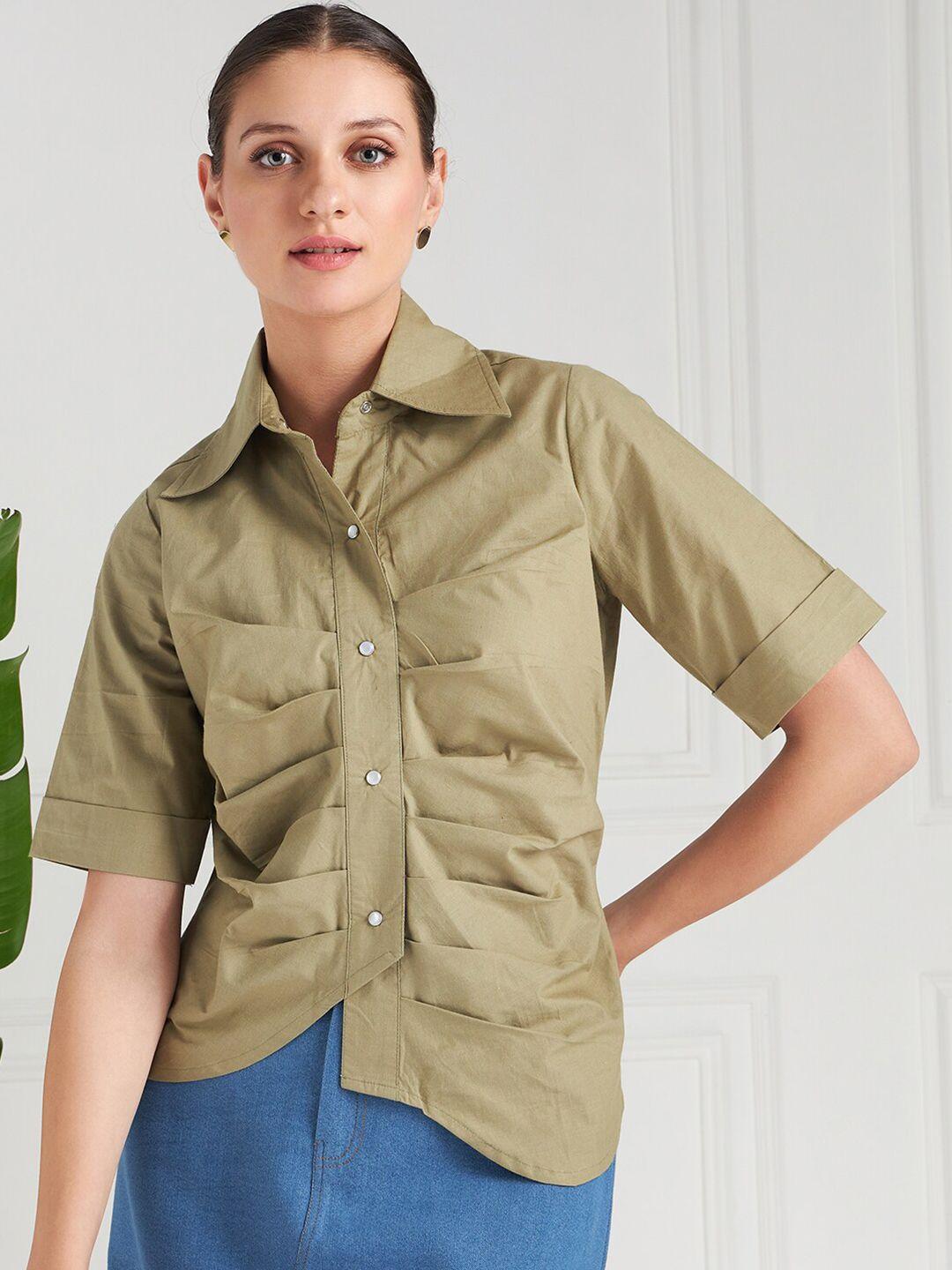 athena olive green pleated cotton shirt style top