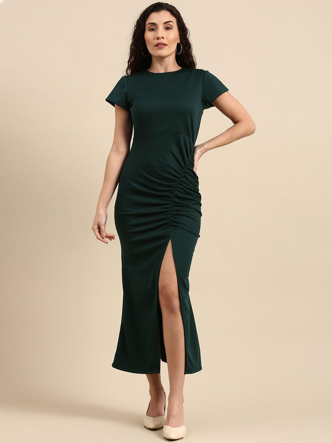 athena teal bodycon mermaid dress with ruching detail