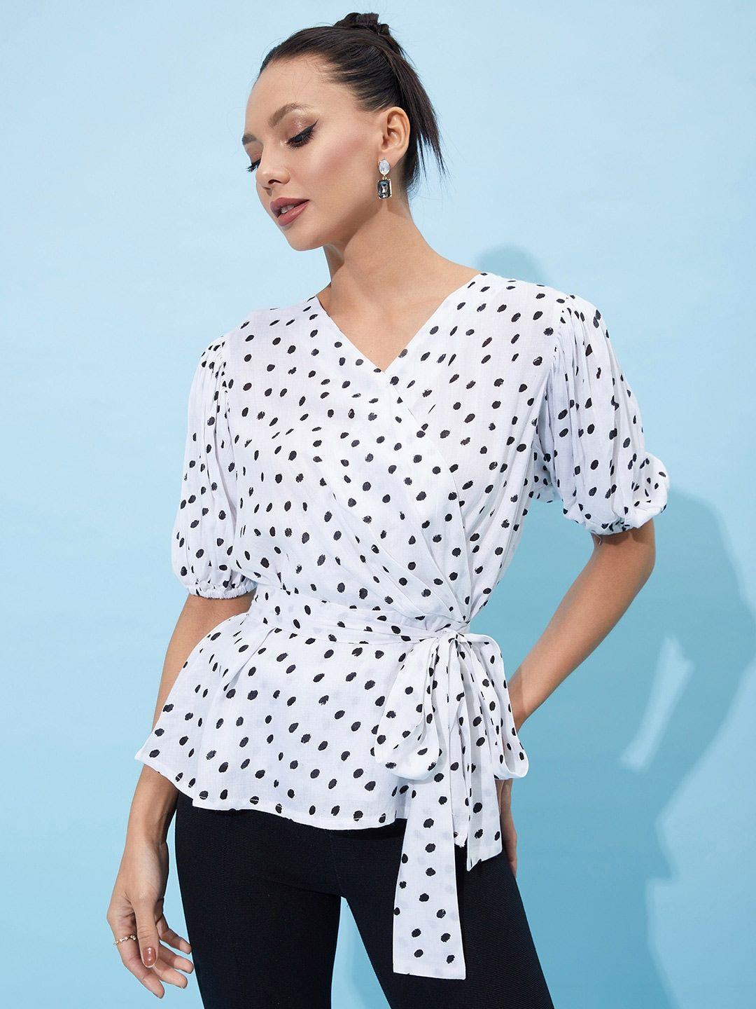 athena v-neck polka dot printed tie-up puff sleeve top