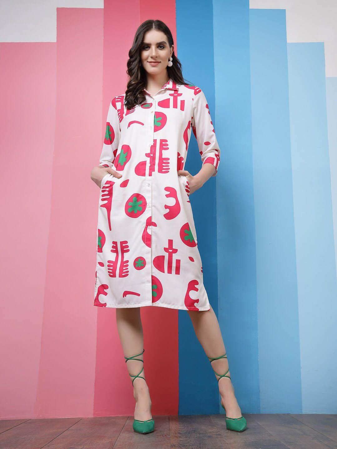 athena white & fuchsia conversational printed shirt dress