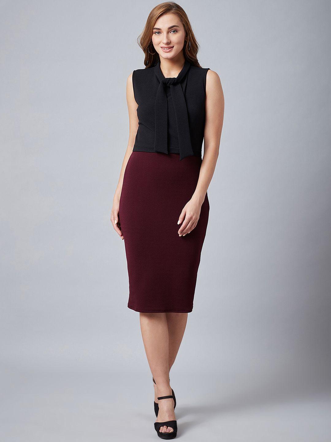 athena women black & burgundy colourblocked sheath dress