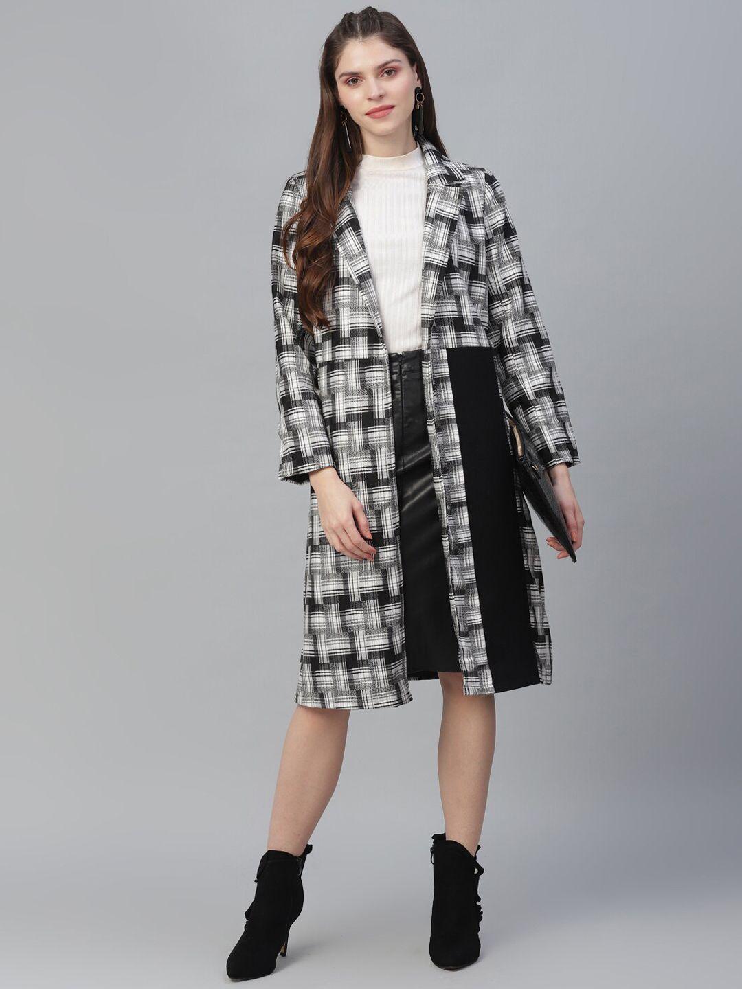 athena women black &white checked woolen longline overcoat