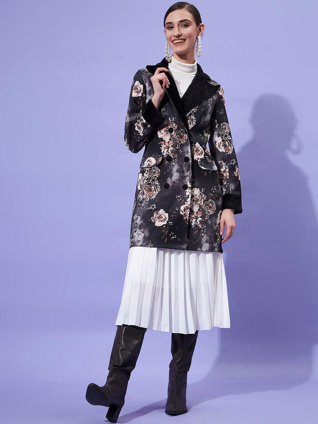 athena women black floral printed fur notch collar overcoat