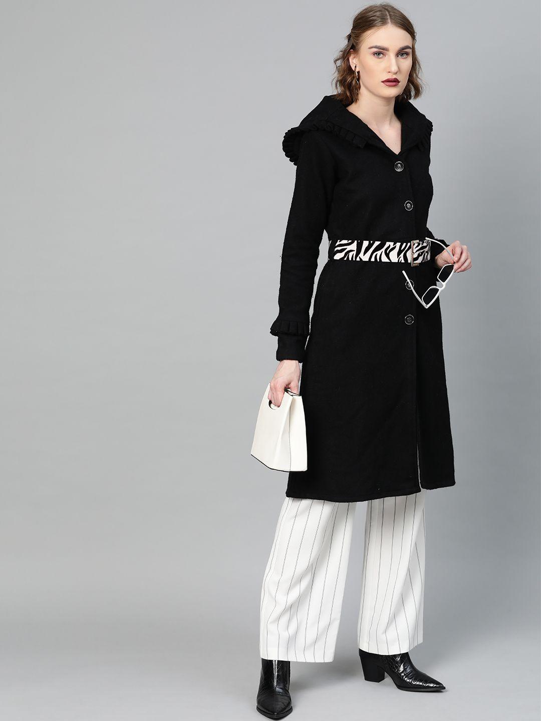 athena women black solid hooded overcoat