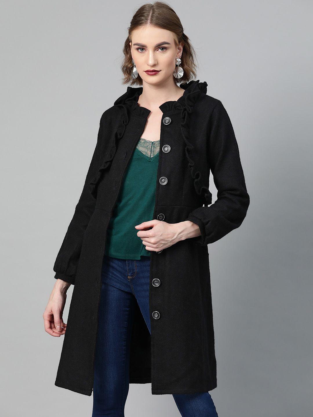 athena women black solid woollen longline overcoat