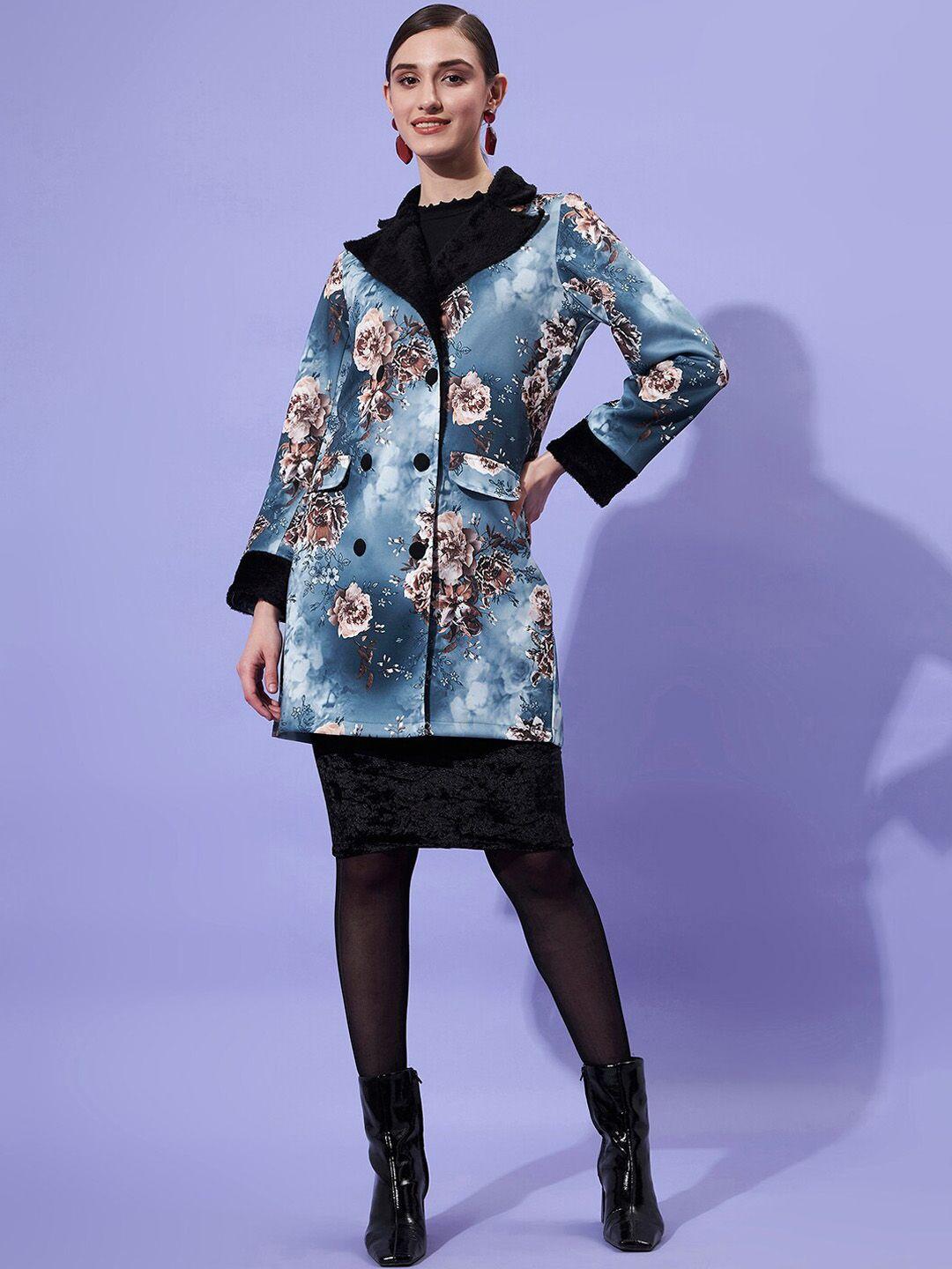 athena women blue floral printed double-breasted trench coat