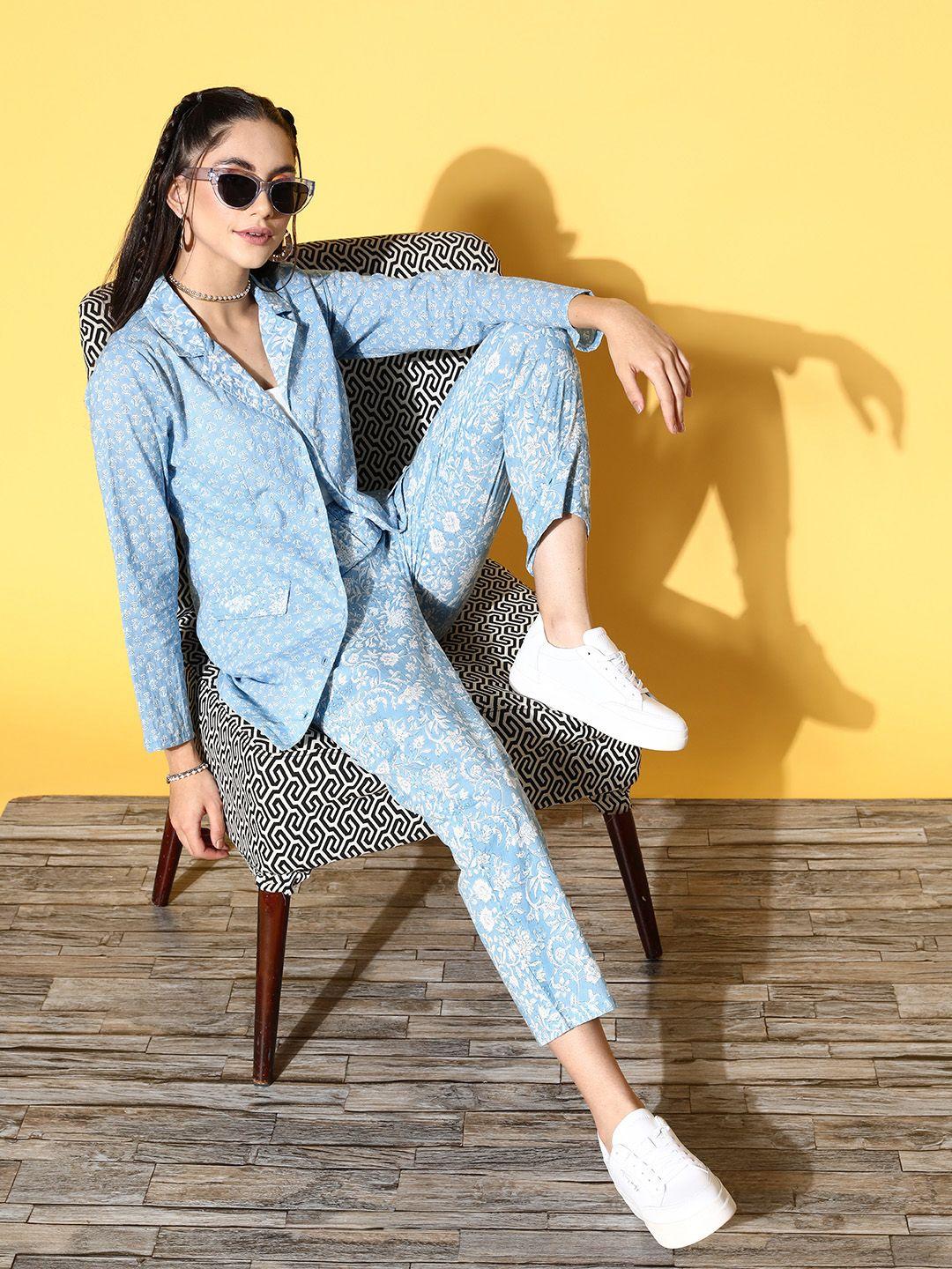 athena women blue printed shirt with trousers