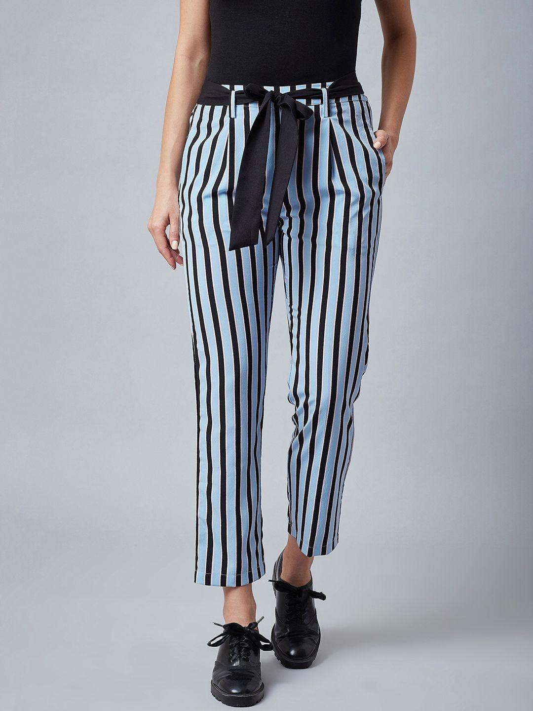 athena women blue regular fit striped regular trousers