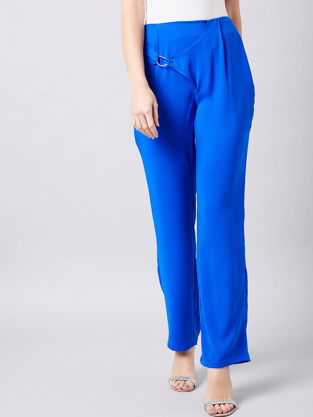 athena women blue smart slim fit solid parallel trousers