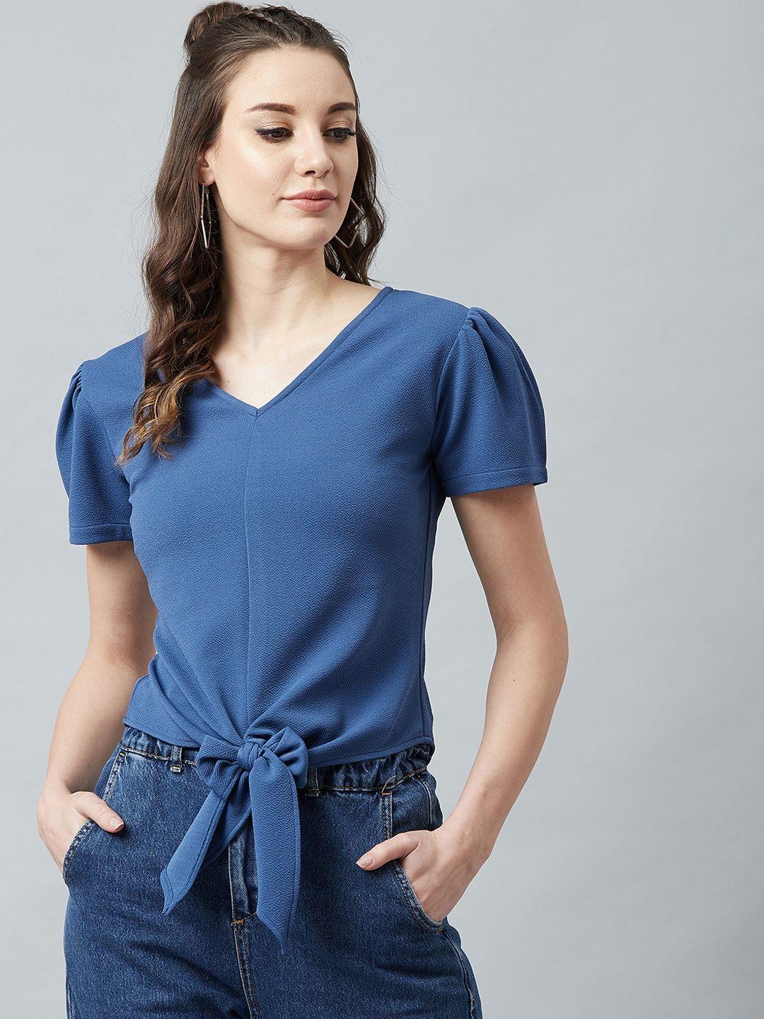 athena women blue solid top with wait tie-up