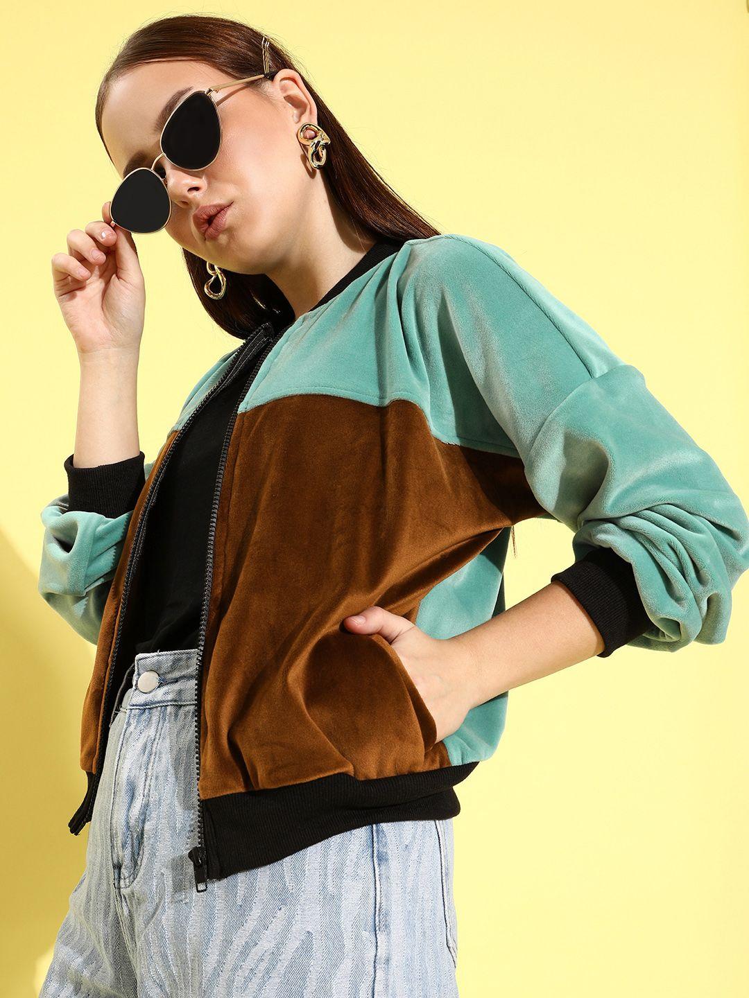 athena women brown & mint green colourblocked velour bomber jacket