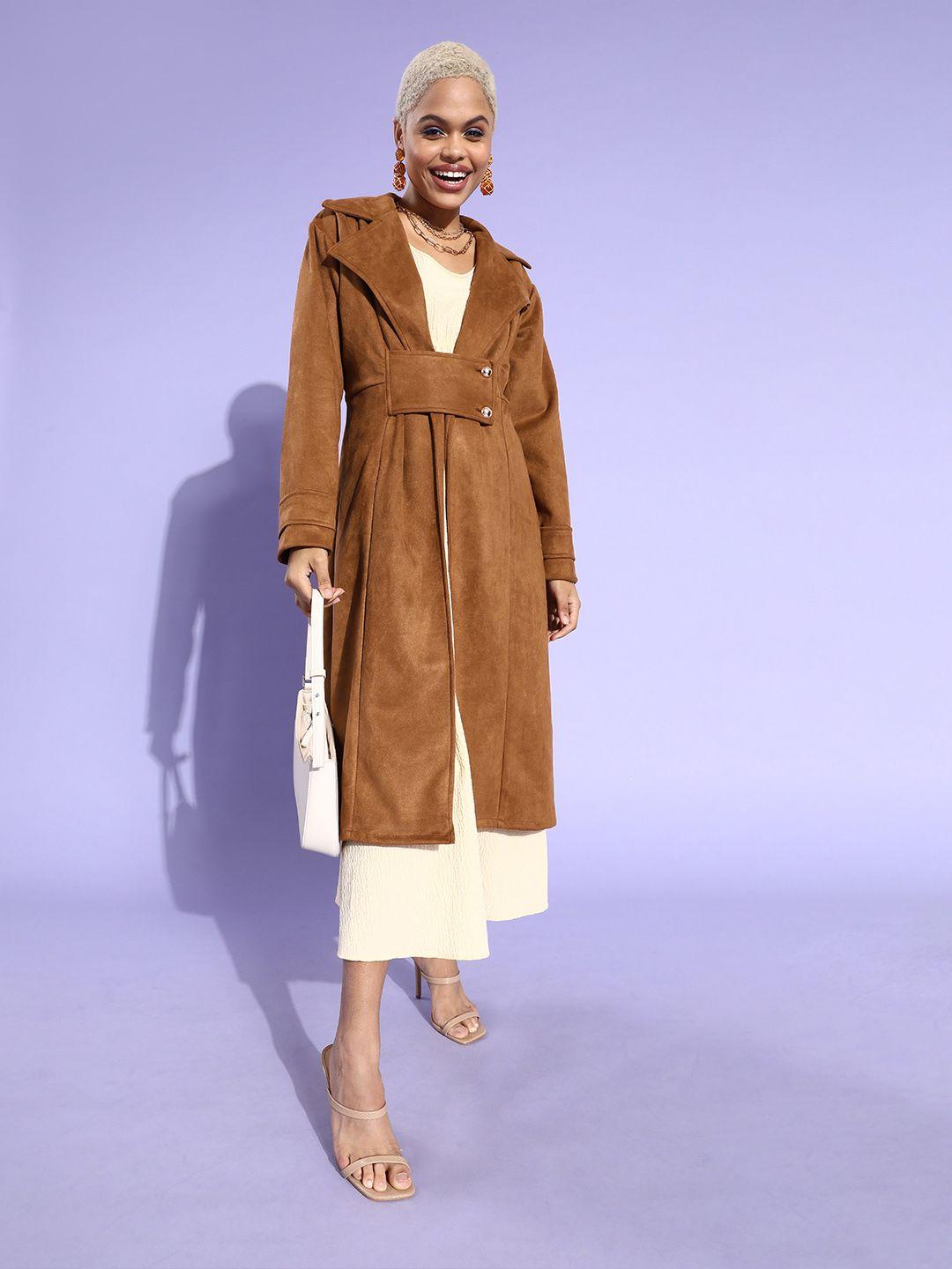 athena women brown solid longline suede trench coat