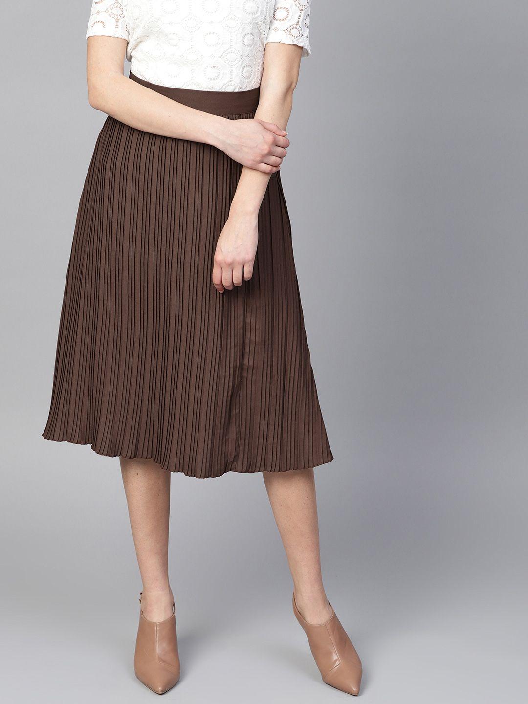 athena women brown solid pleated a-line skirt