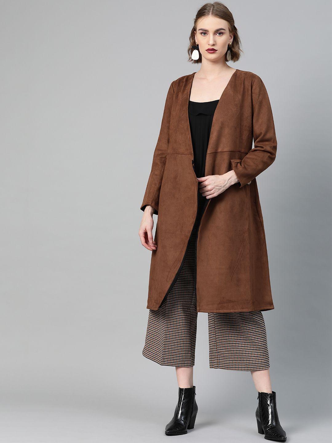 athena women brown suede finish solid wrap coat