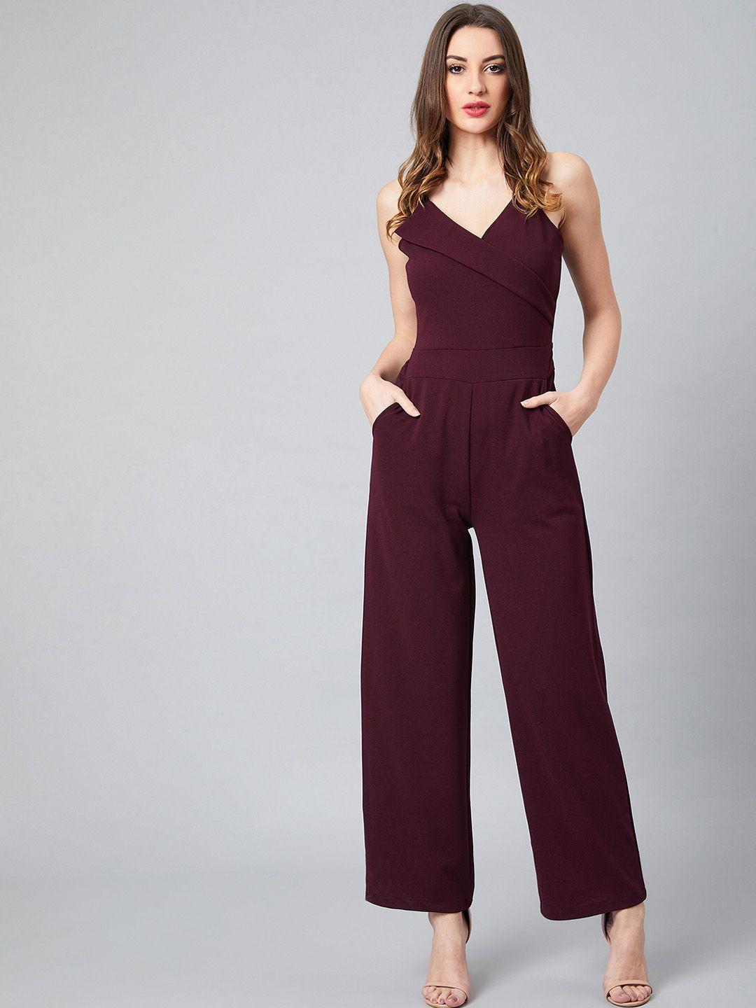 athena women burgundy solid basic jumpsuit