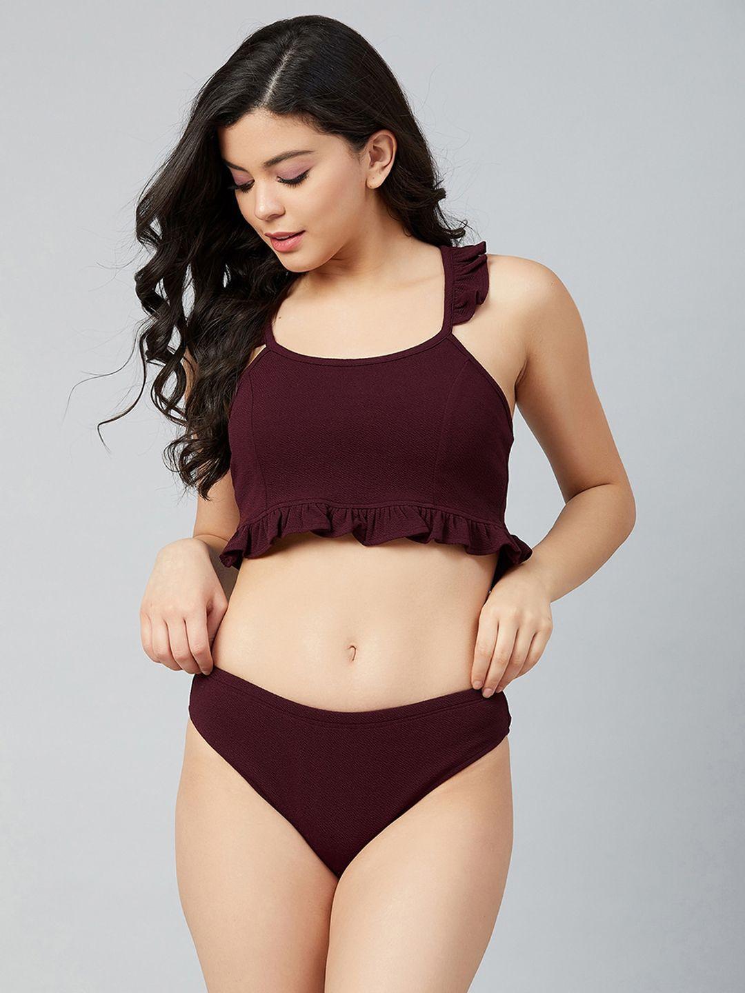 athena women burgundy solid swim bikini set asg-7027