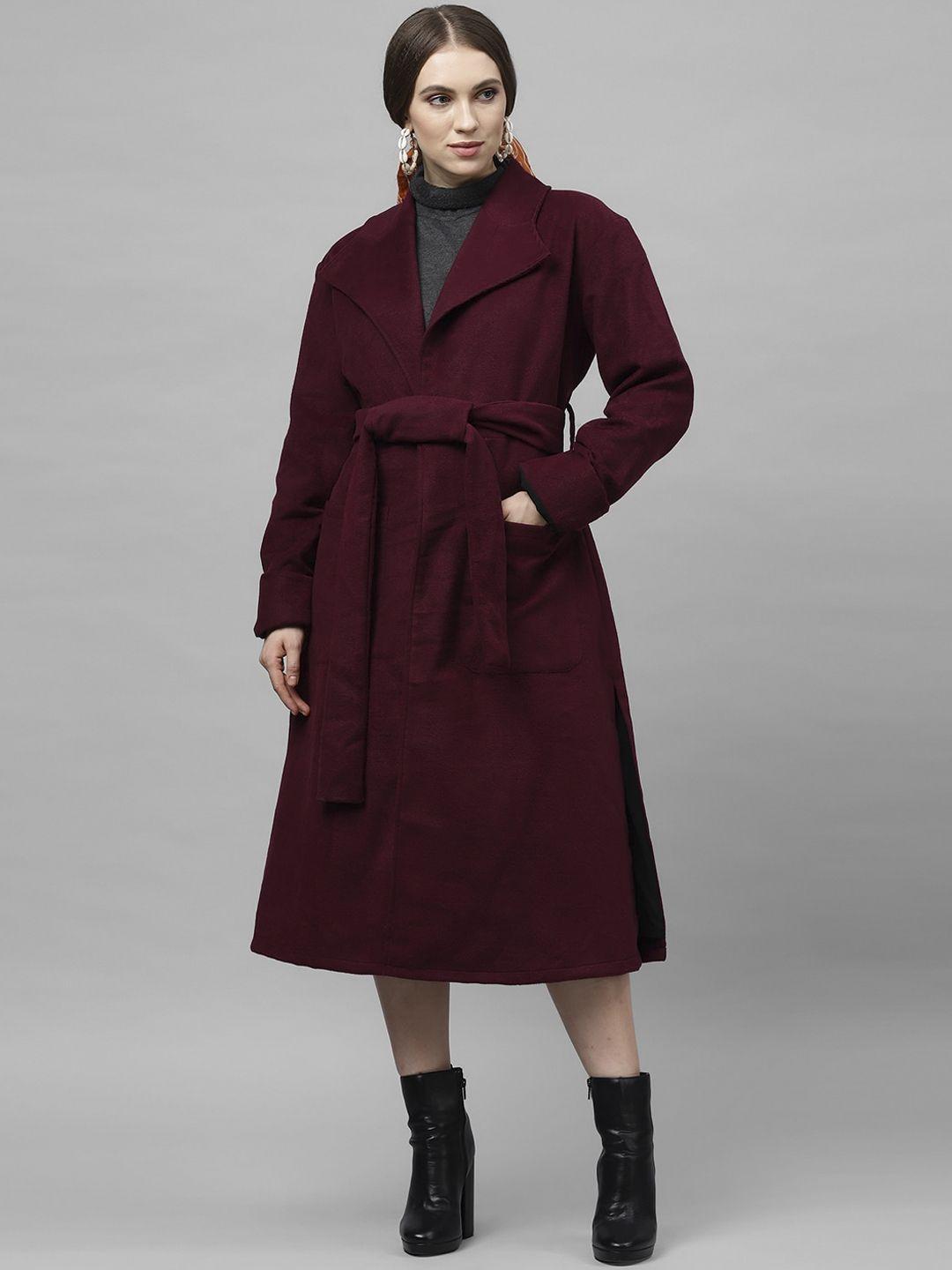 athena women burgundy solid woolen longline overcoat
