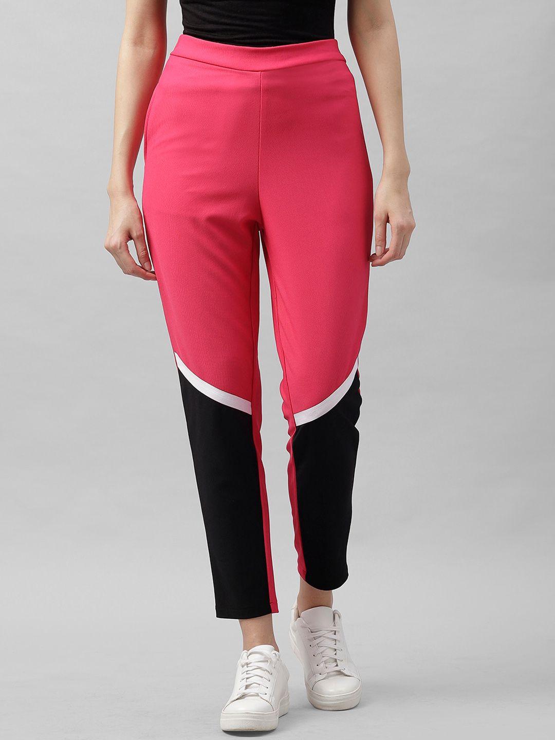 athena women fuchsia & black colourblocked skinny fit regular trousers