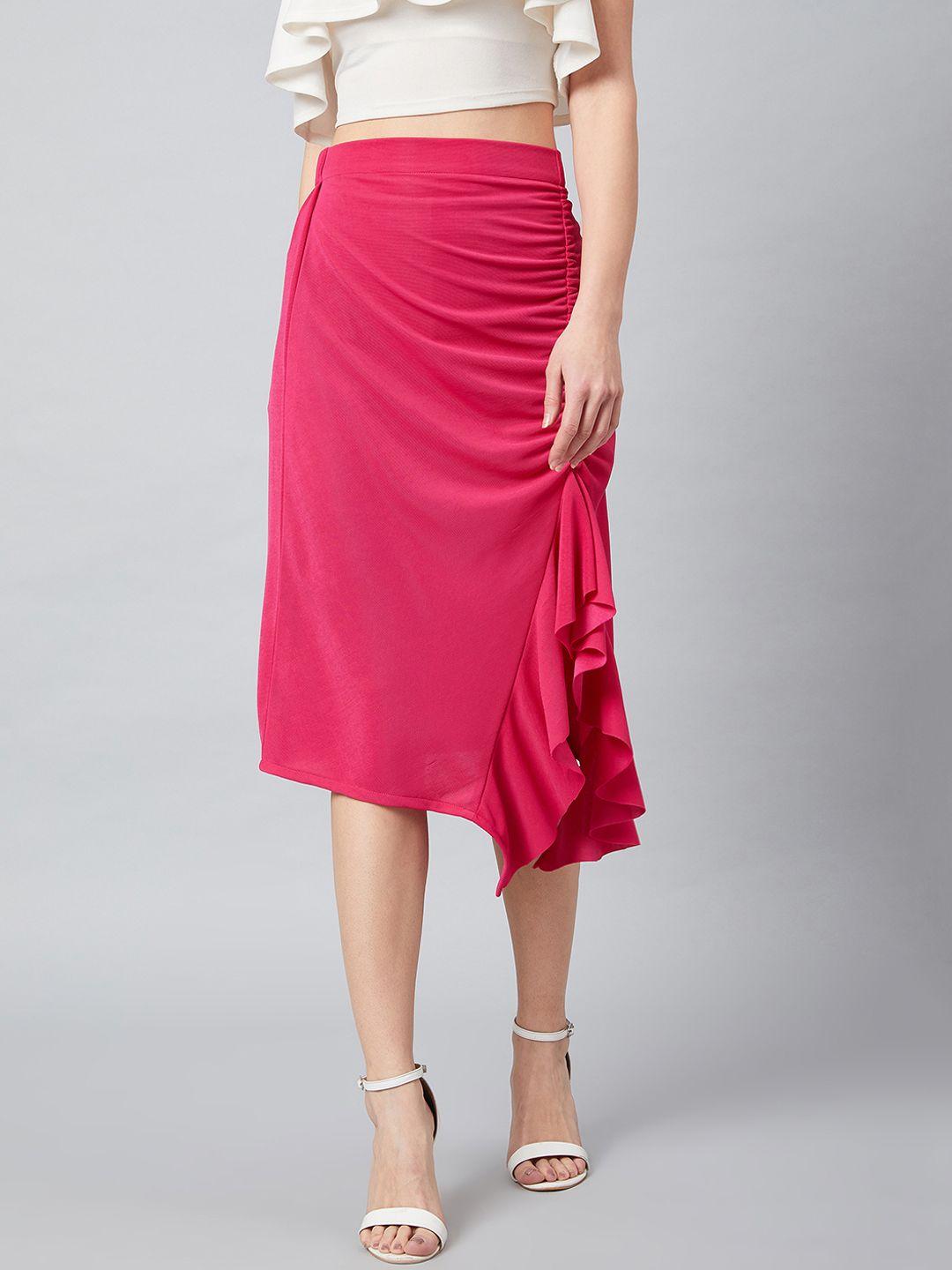 athena women fuchsia solid front frill detail midi skirt