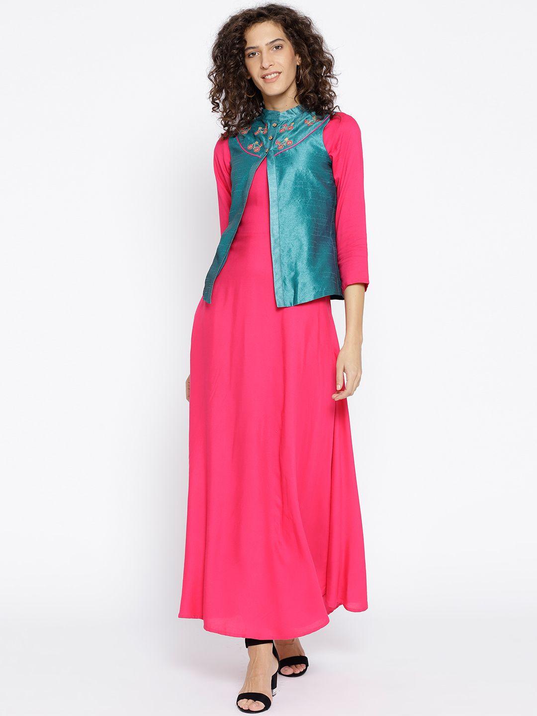 athena women fuchsia solid maxi dress with ethnic jacket