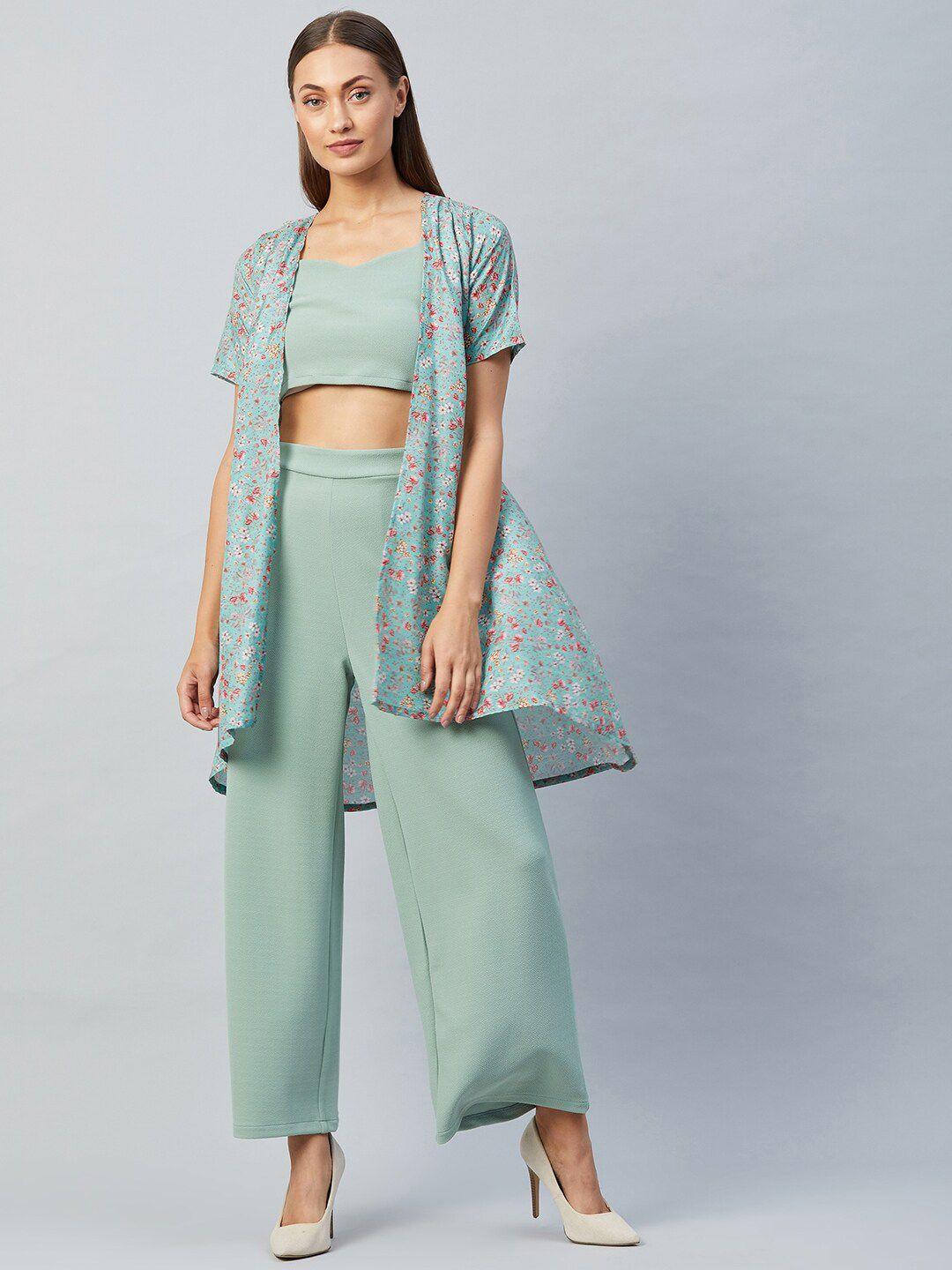 athena women green & pink top with trousers with printed jacket