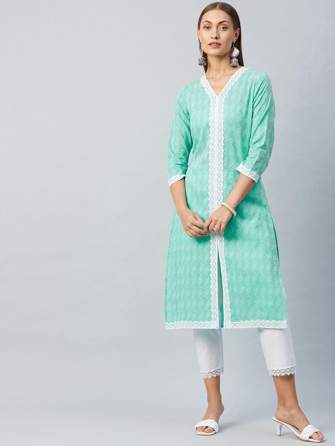 athena women green high slit pure cotton kurti with trousers