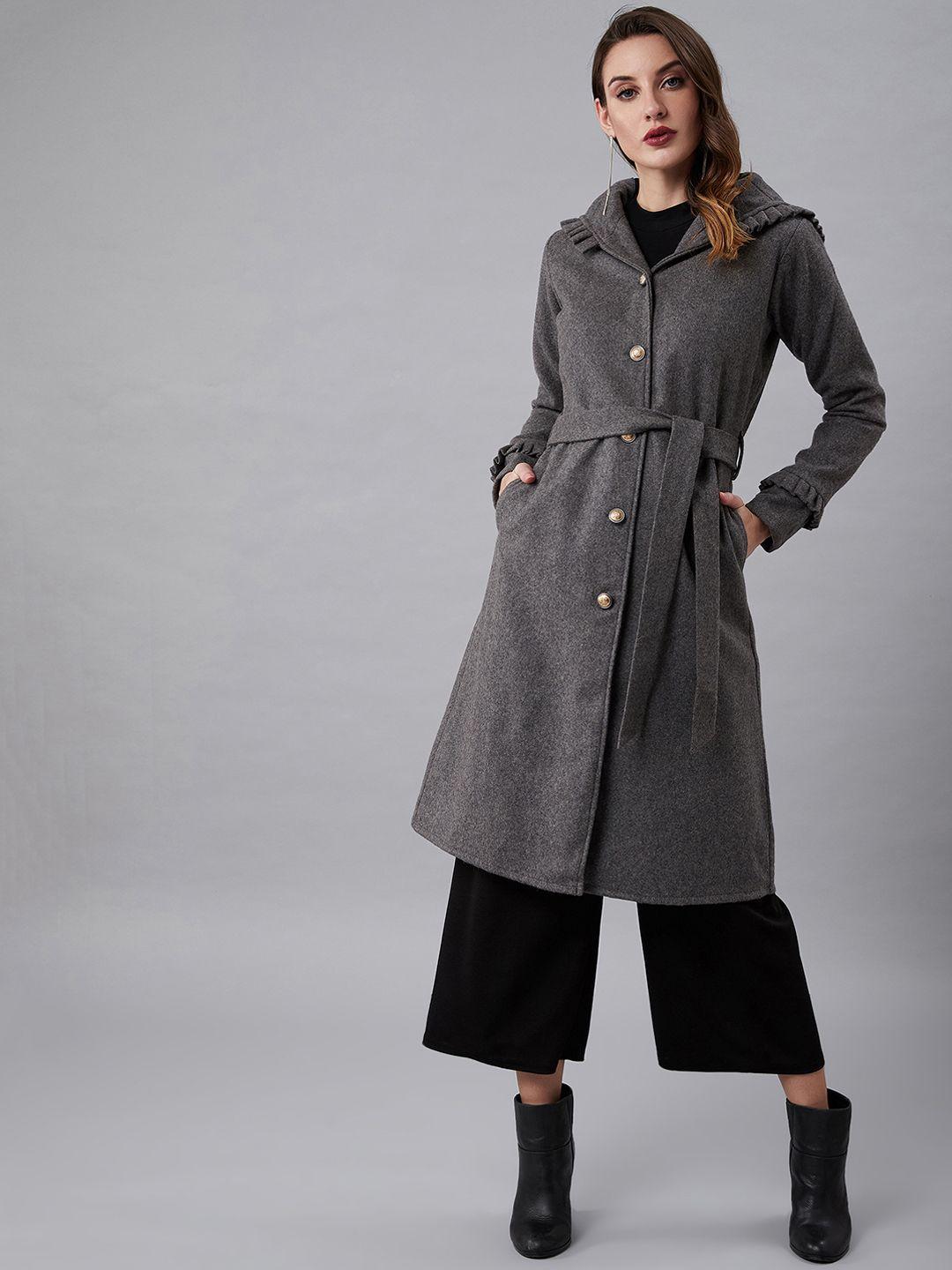 athena women grey solid knee-length hooded overcoat