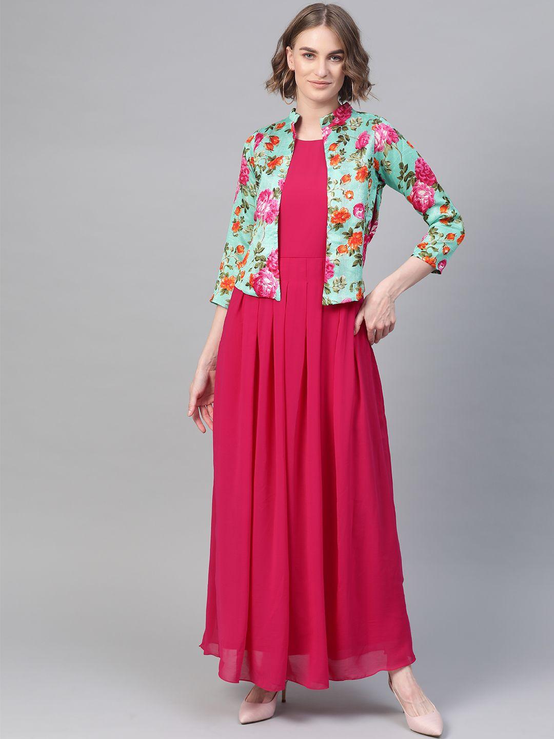 athena women magenta & green solid maxi dress with printed attached jacket