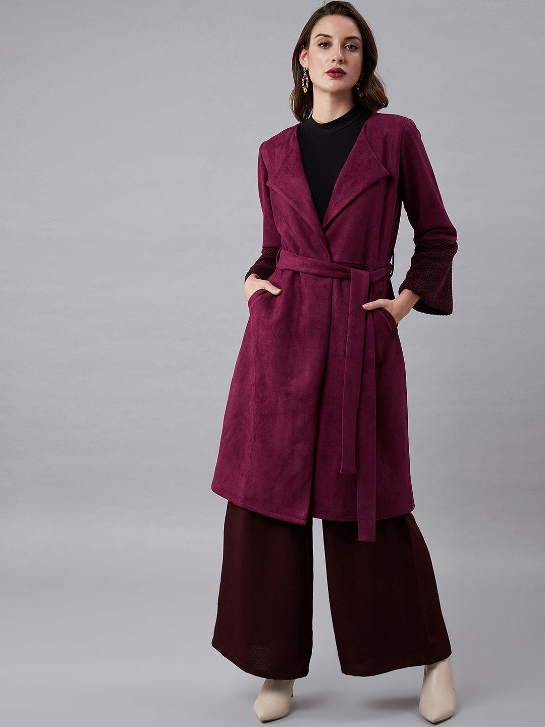 athena women magenta solid suede knee-length faux fur trim wrap coat