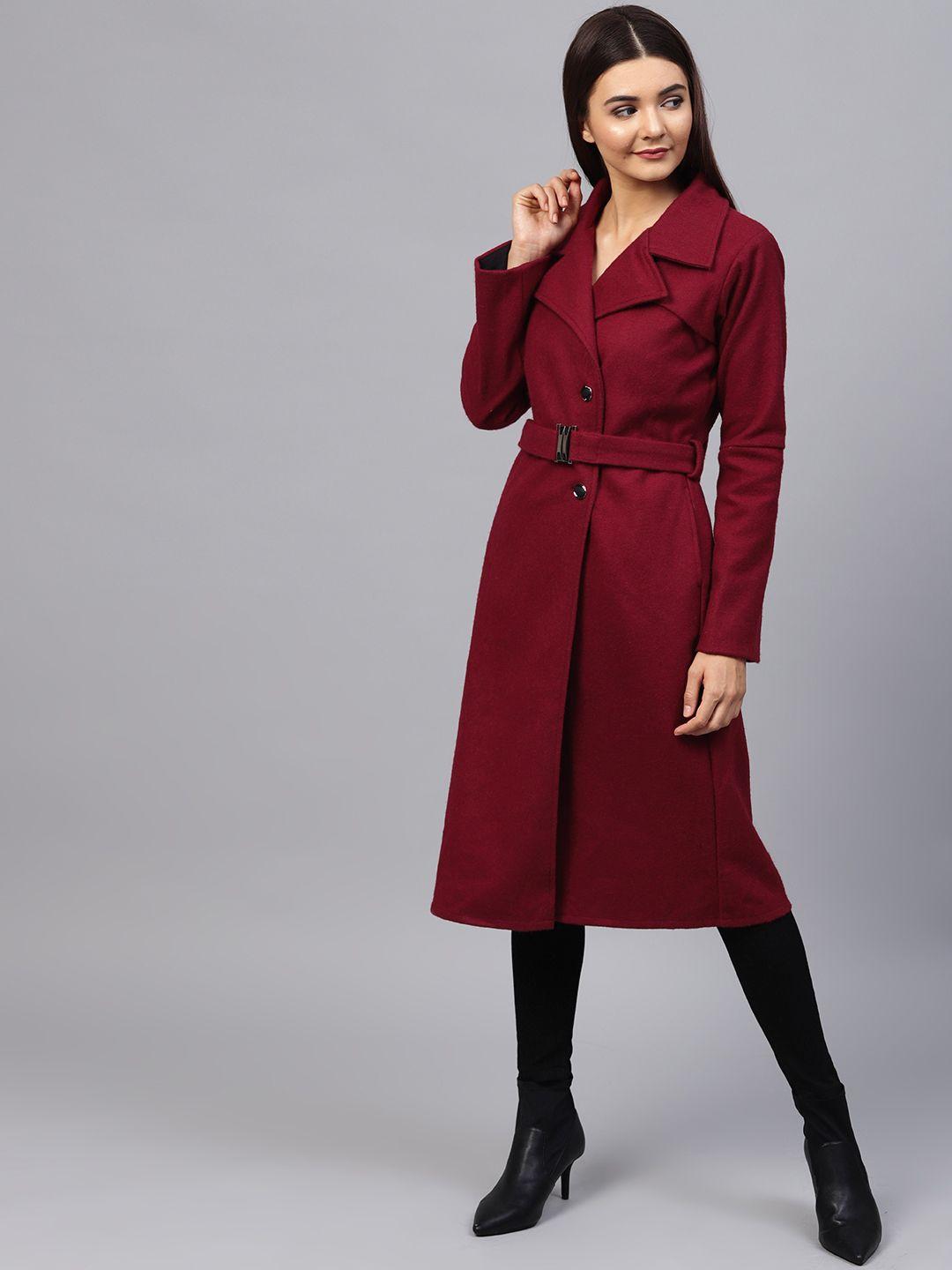 athena women maroon solid longline overcoat