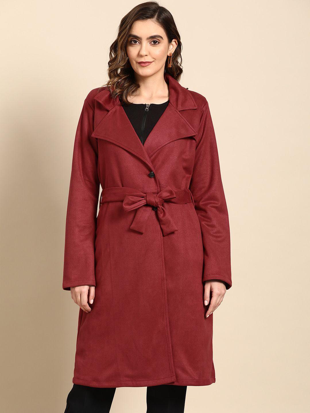 athena women maroon solid suede overcoat