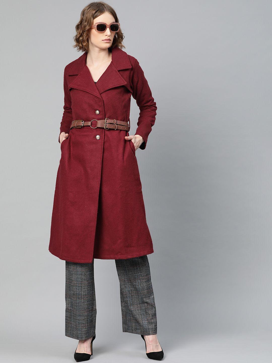 athena women maroon woollen solid overcoat