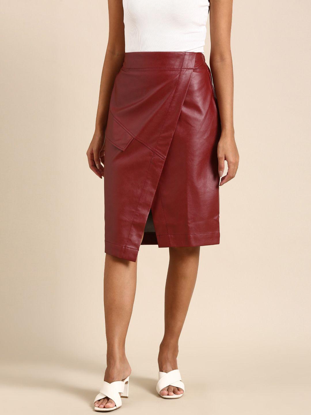 athena women maroon wrap skirt with front slit