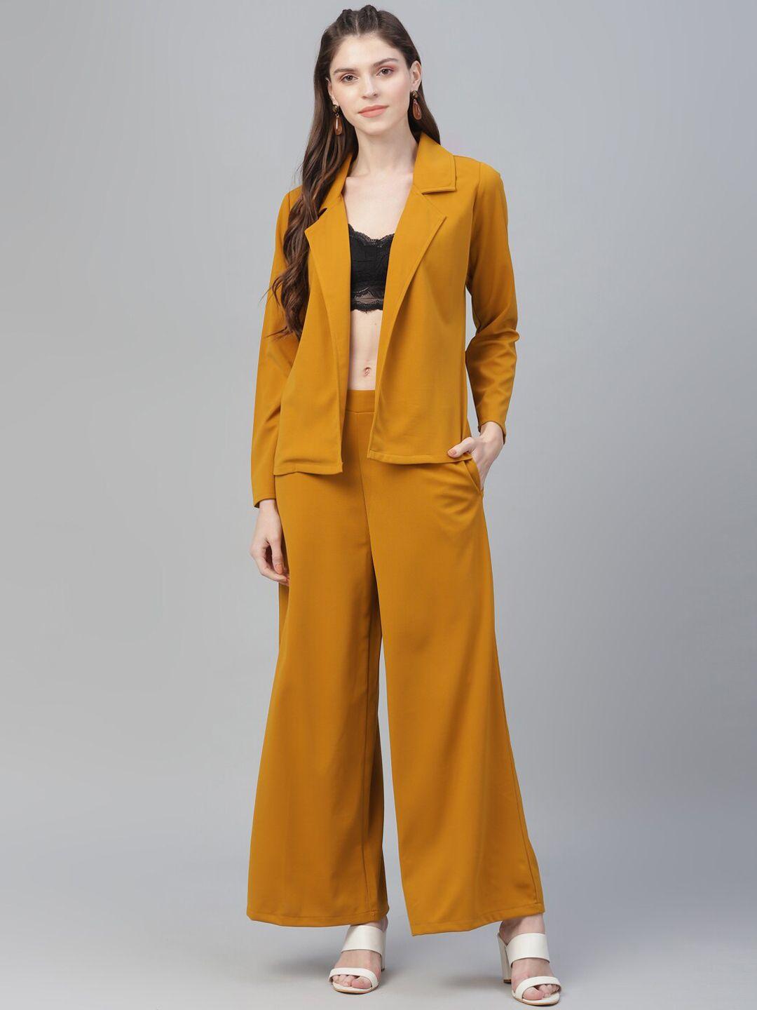 athena women mustard yellow solid blazer with trousers