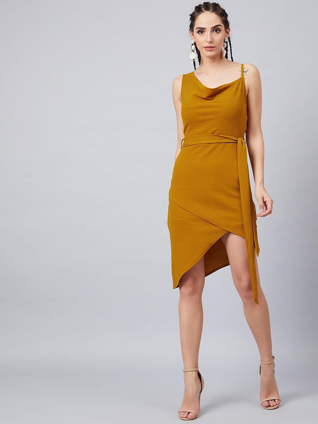 athena women mustard yellow solid fit and flare dress