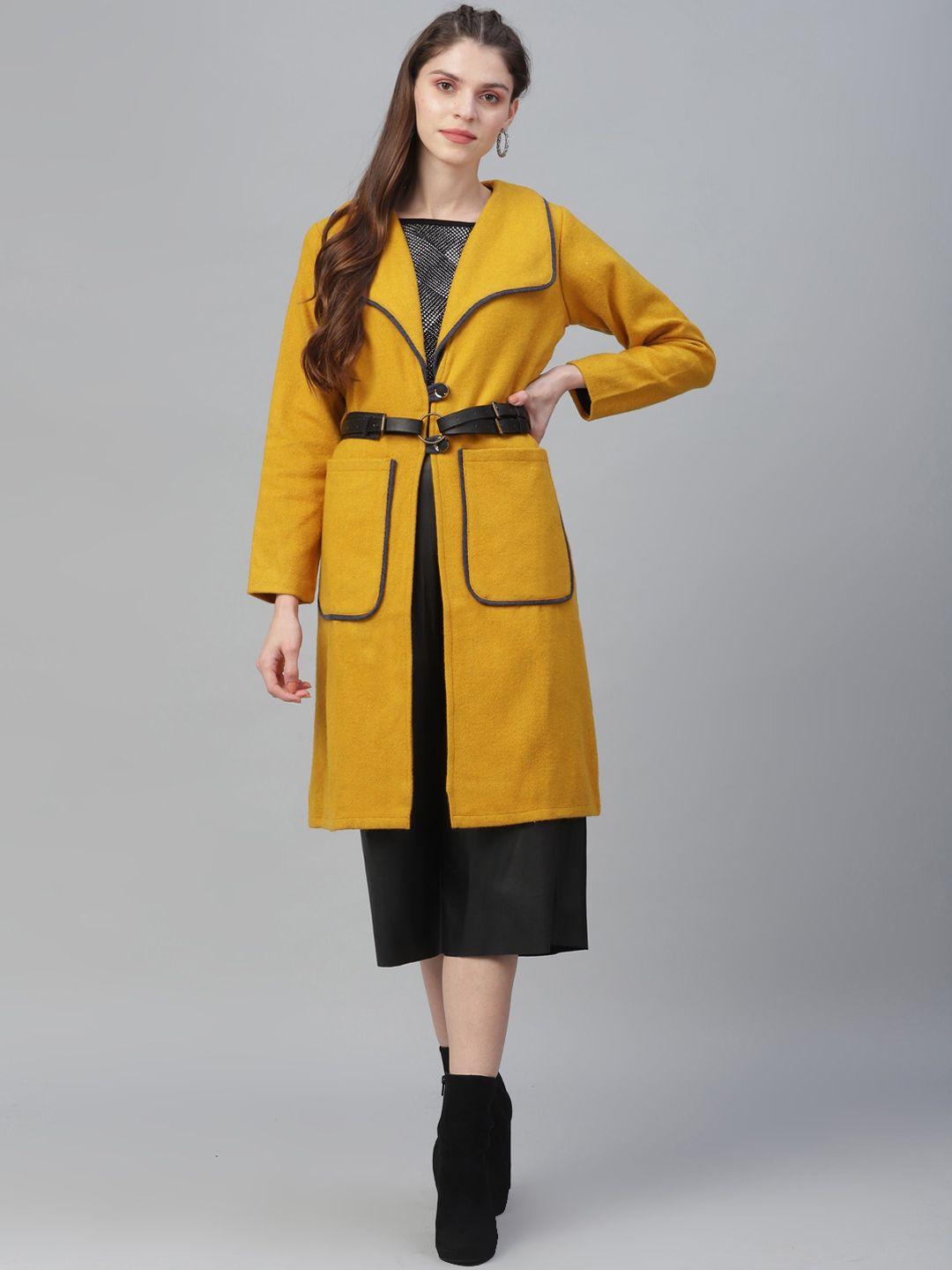 athena women mustard yellow solid woolen longline overcoat