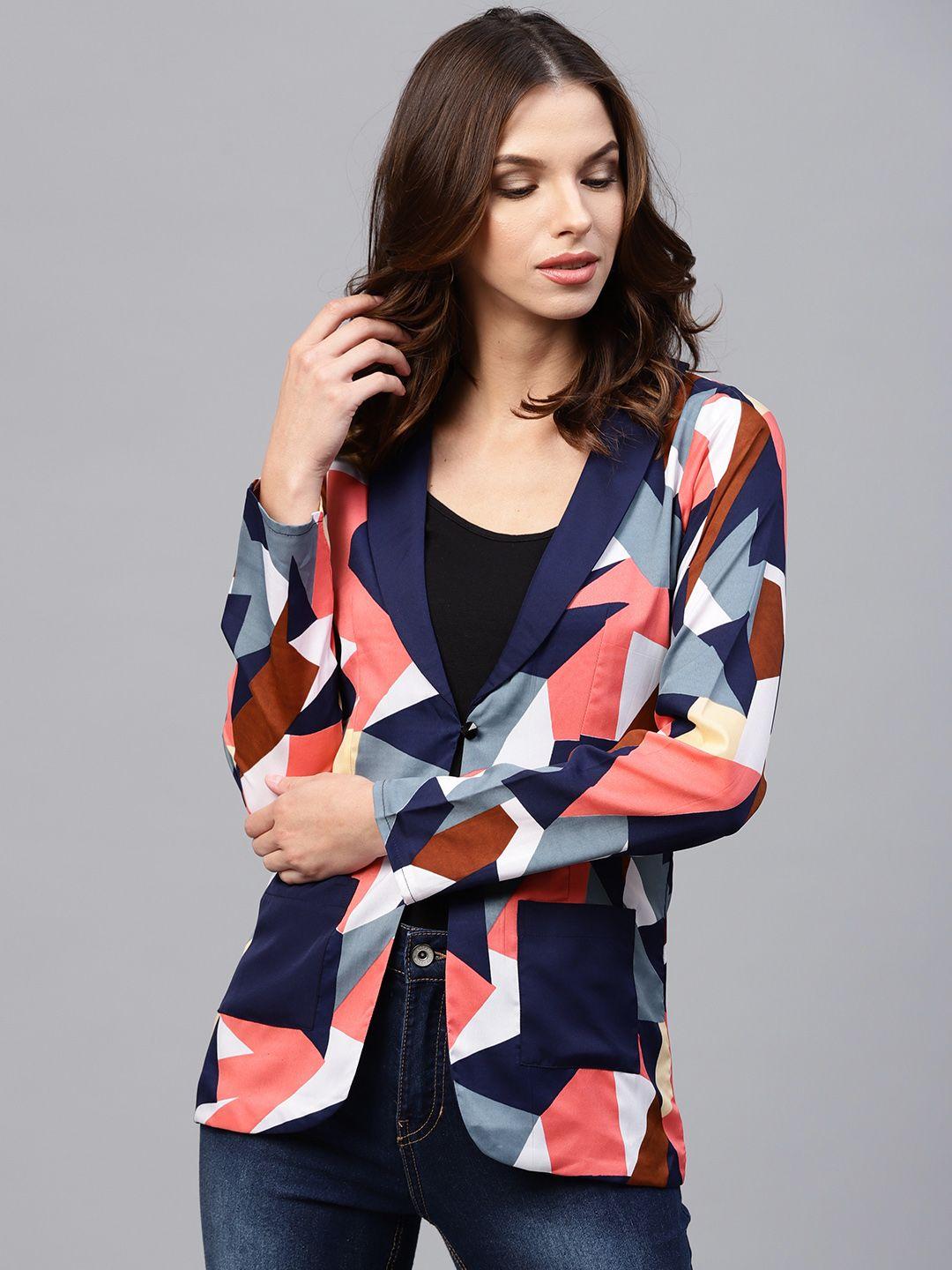 athena women navy blue & peach-coloured single-breasted printed blazer