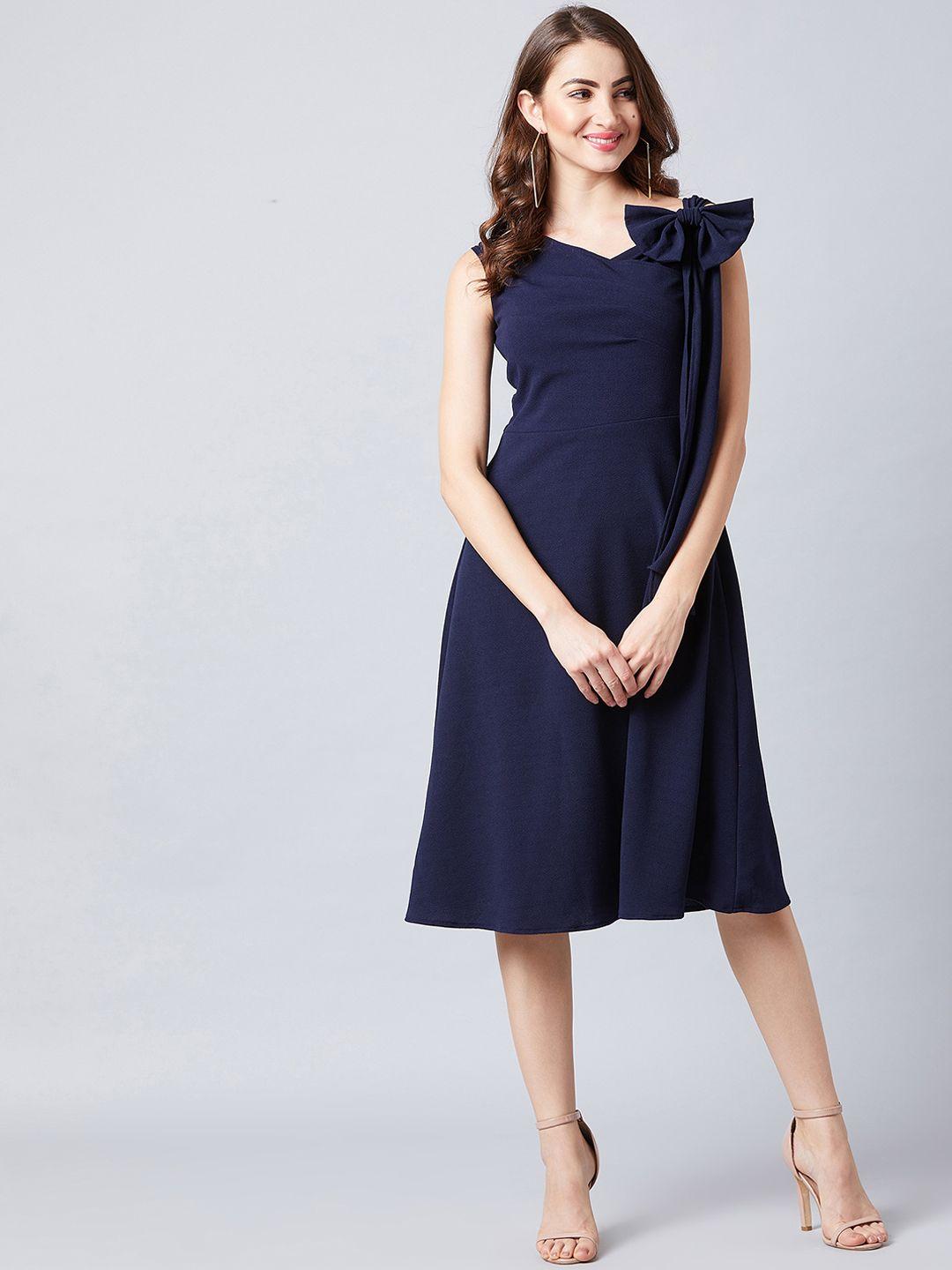 athena women navy blue solid fit and flare dress