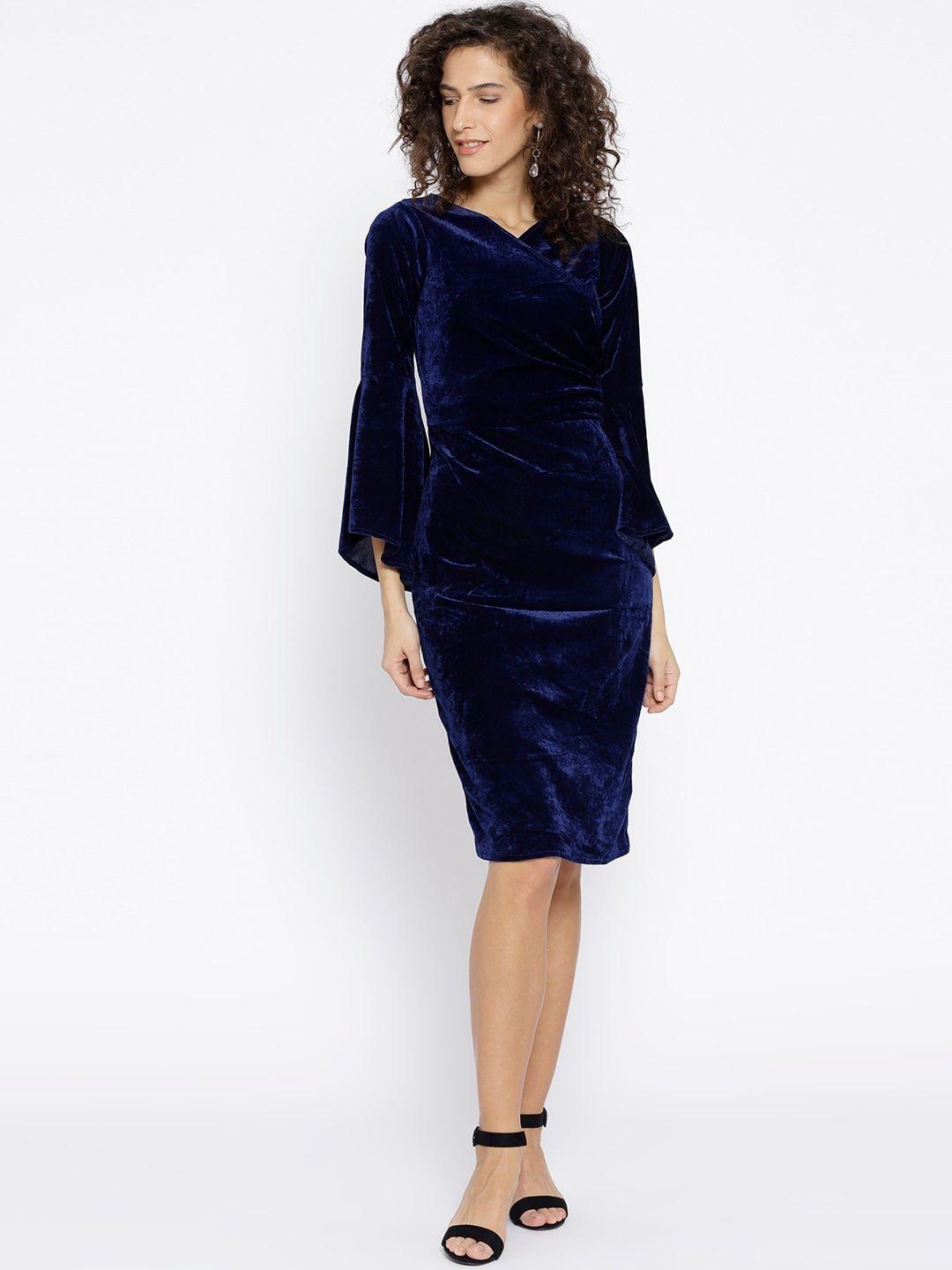 athena women navy blue solid velvet finish wrap dress