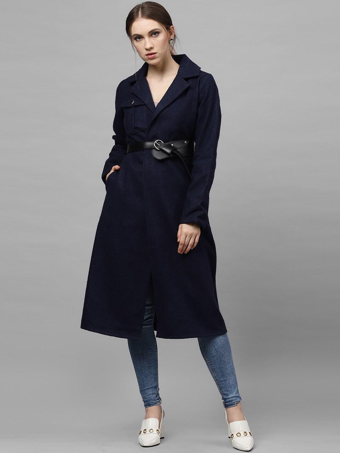 athena women navy blue solid woolen longline overcoat