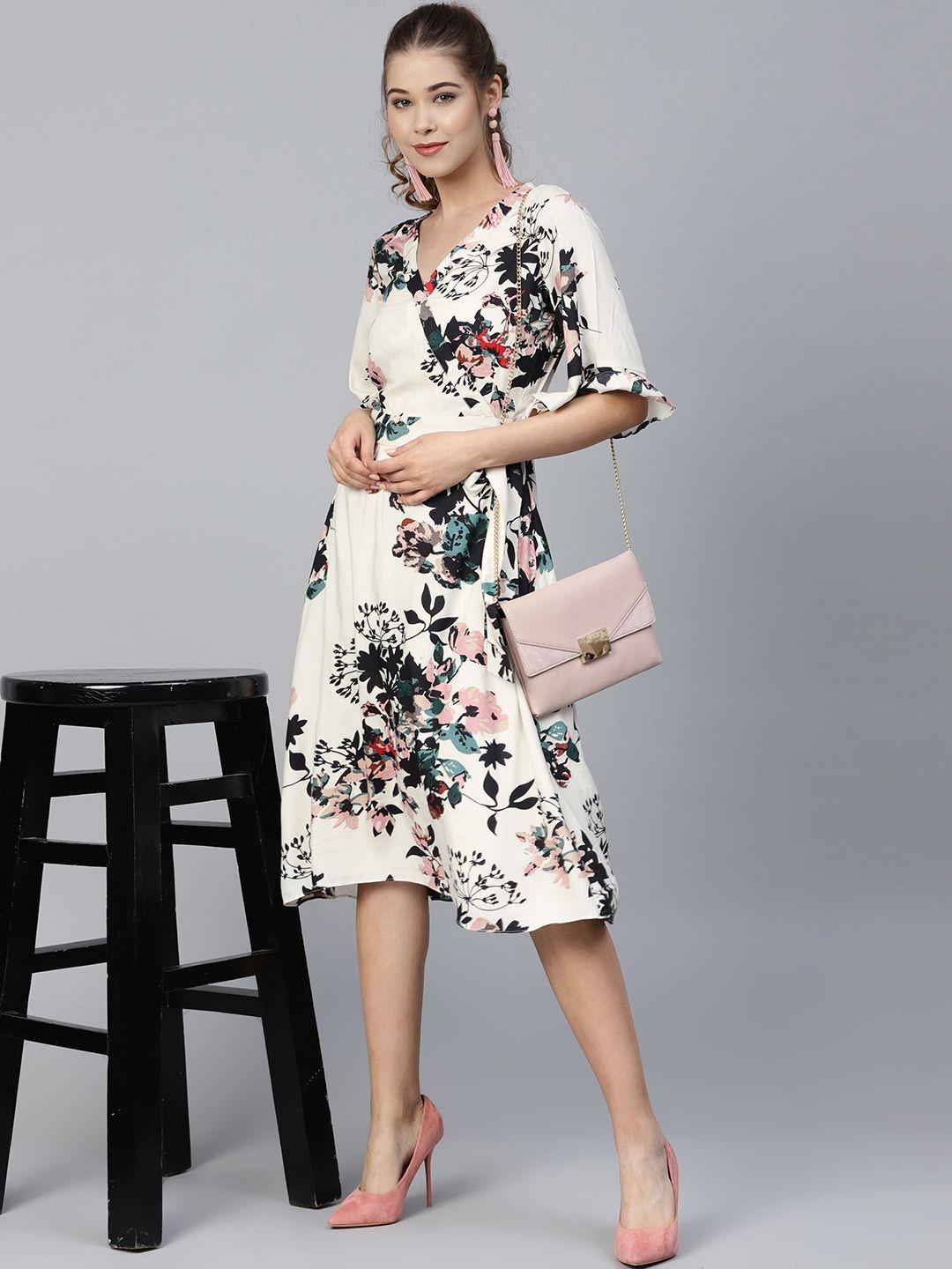 athena women off-white & black floral print wrap dress