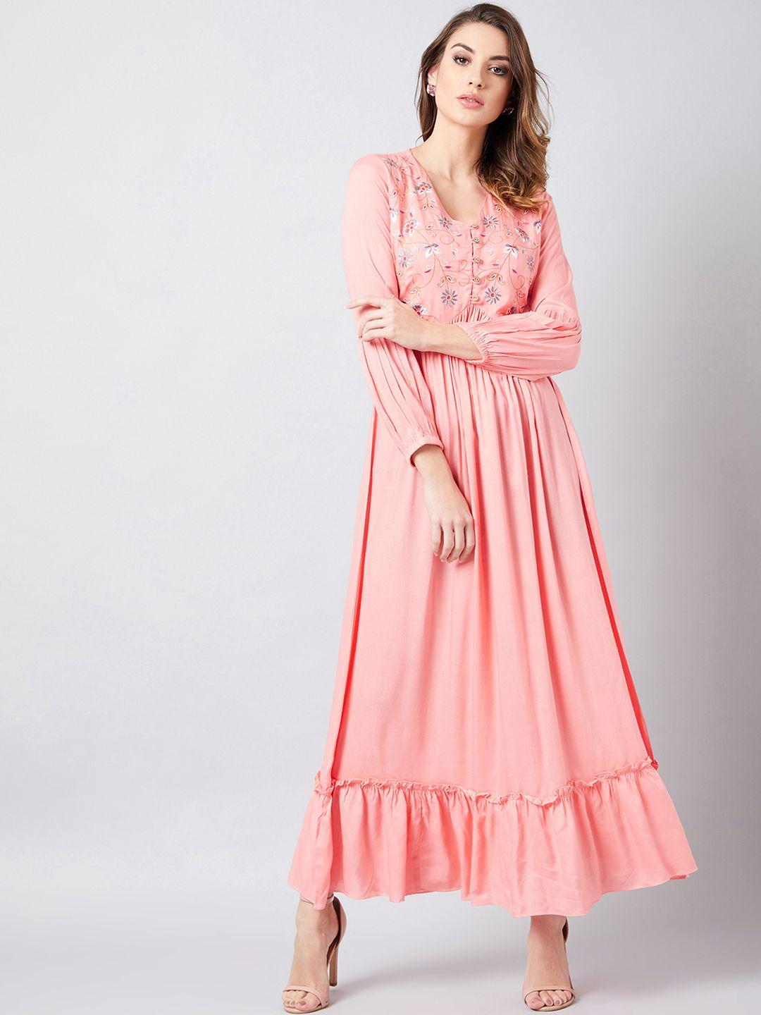athena women peach-coloured floral embroidered maxi dress