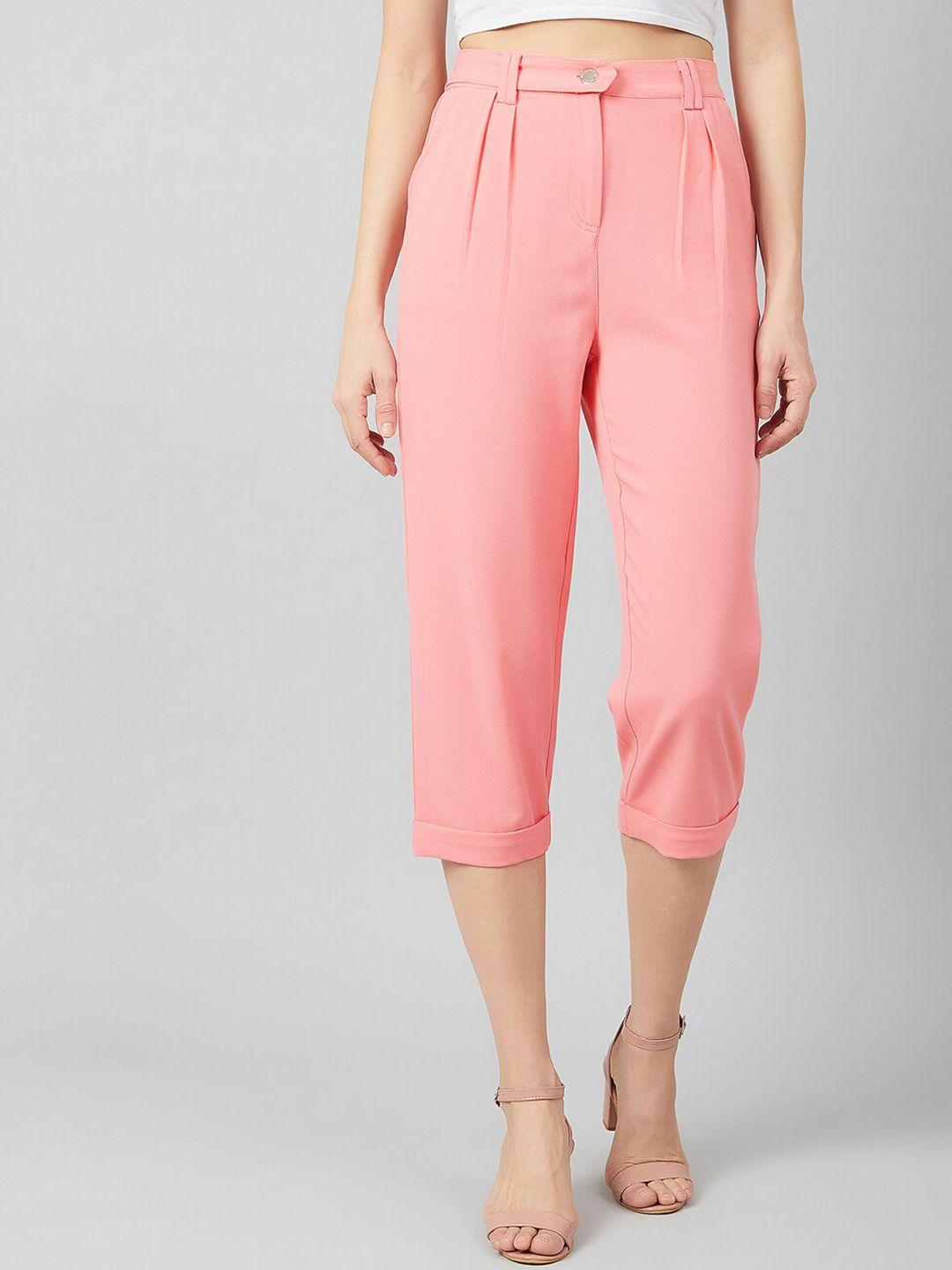 athena women peach-coloured loose fit solid regular trousers