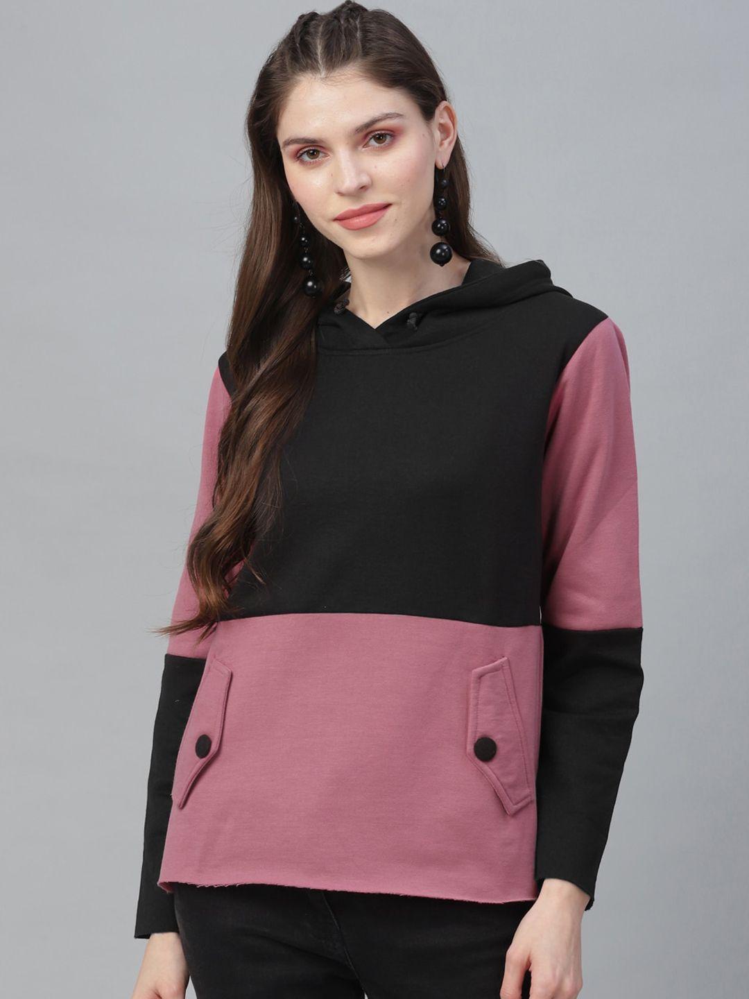 athena women pink & black colourblocked hooded sweatshirt