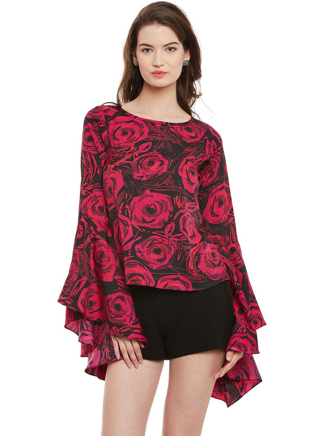 athena women pink & black rose print kaftan top